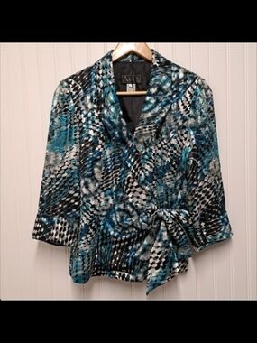 Alex Evenings Teal, Black & White Wrap Blouse